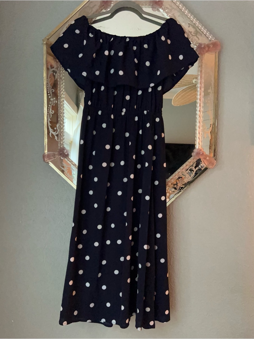 XL, Grace Karin Navy Polka Dot Off-Shoulder Midi Dress